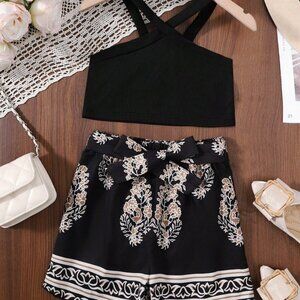 Brynn Style Black Crisscross Cami & Printed Paperbag Shorts Set